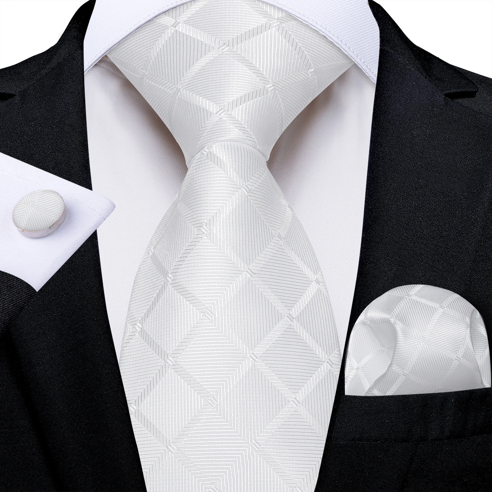 White Mens 8cm Tie Set Plaid Solid Business Formal Suits Accessories Neck Tie Set Handkerchief Cufflinks Groom Gift for Men 241225