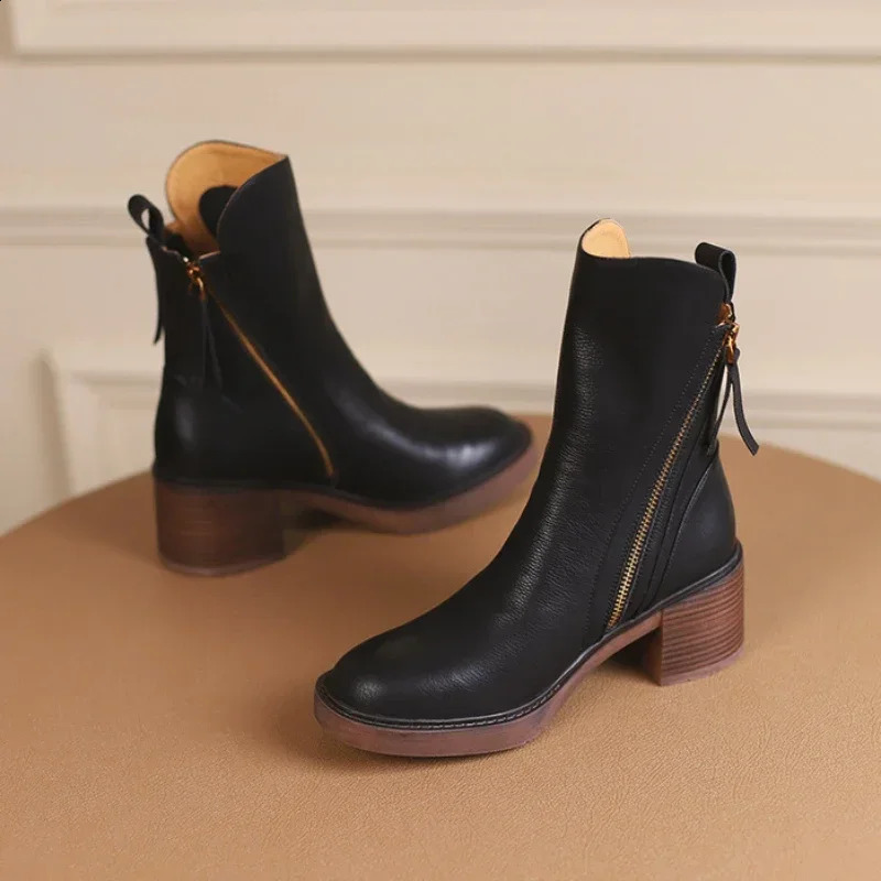 Womens Platform Chelsea Boots Round Toe Chunky Heel Women Brown Ankle Boots Outdoor High Heel Leather Boots 241226