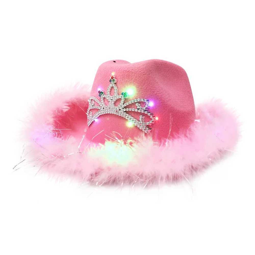 Western Cowboy Cs Pink Cowboy Hat Womens Headwear Luminous Cowboy Hat Holiday Clothing Party Hat Feather Edge Fedora C W241225