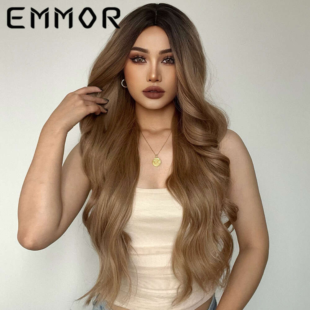 EMMOR Women's Wig Brown Split Gradient Long Curly Hair Chemical Fiber High Temperature Silk Head Cover Wigs Kq1 Kq1