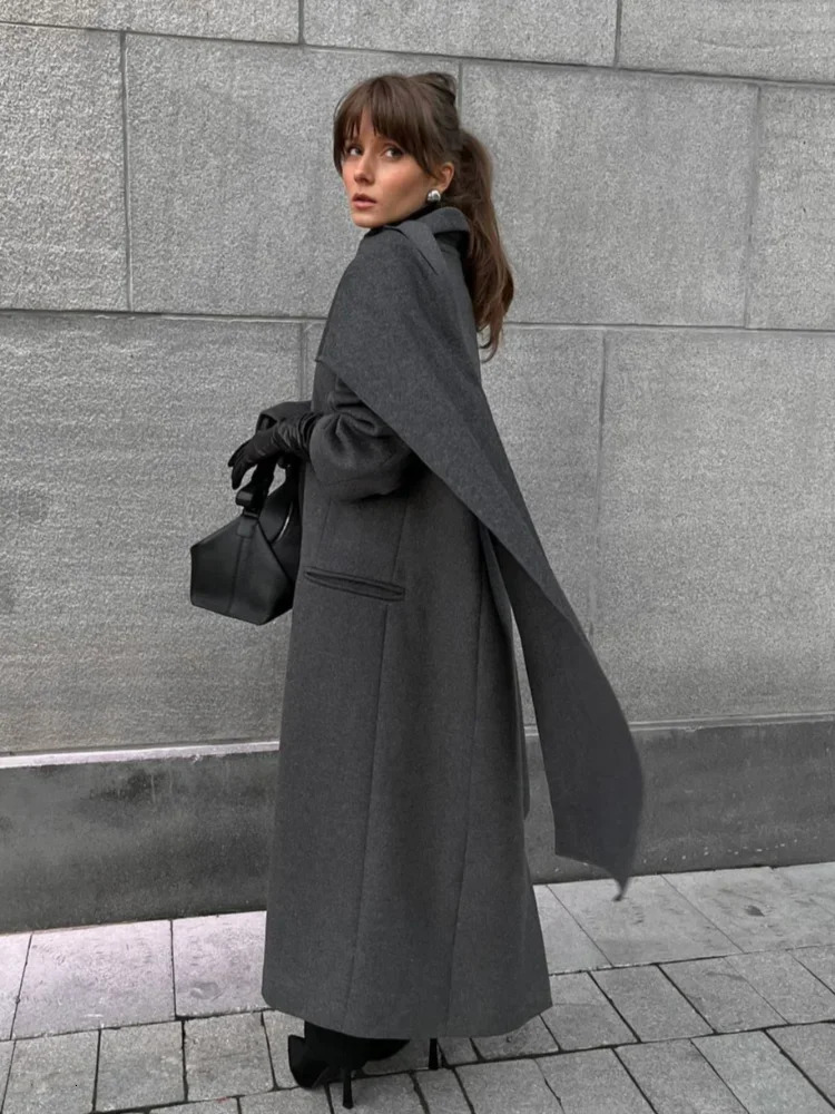 Elegant Vintage Woolen Overcoat For Women Single Breasted Scarf Loose Jacket Pocket Casual Coat 2024 Autumn Lady Outerwear 241225