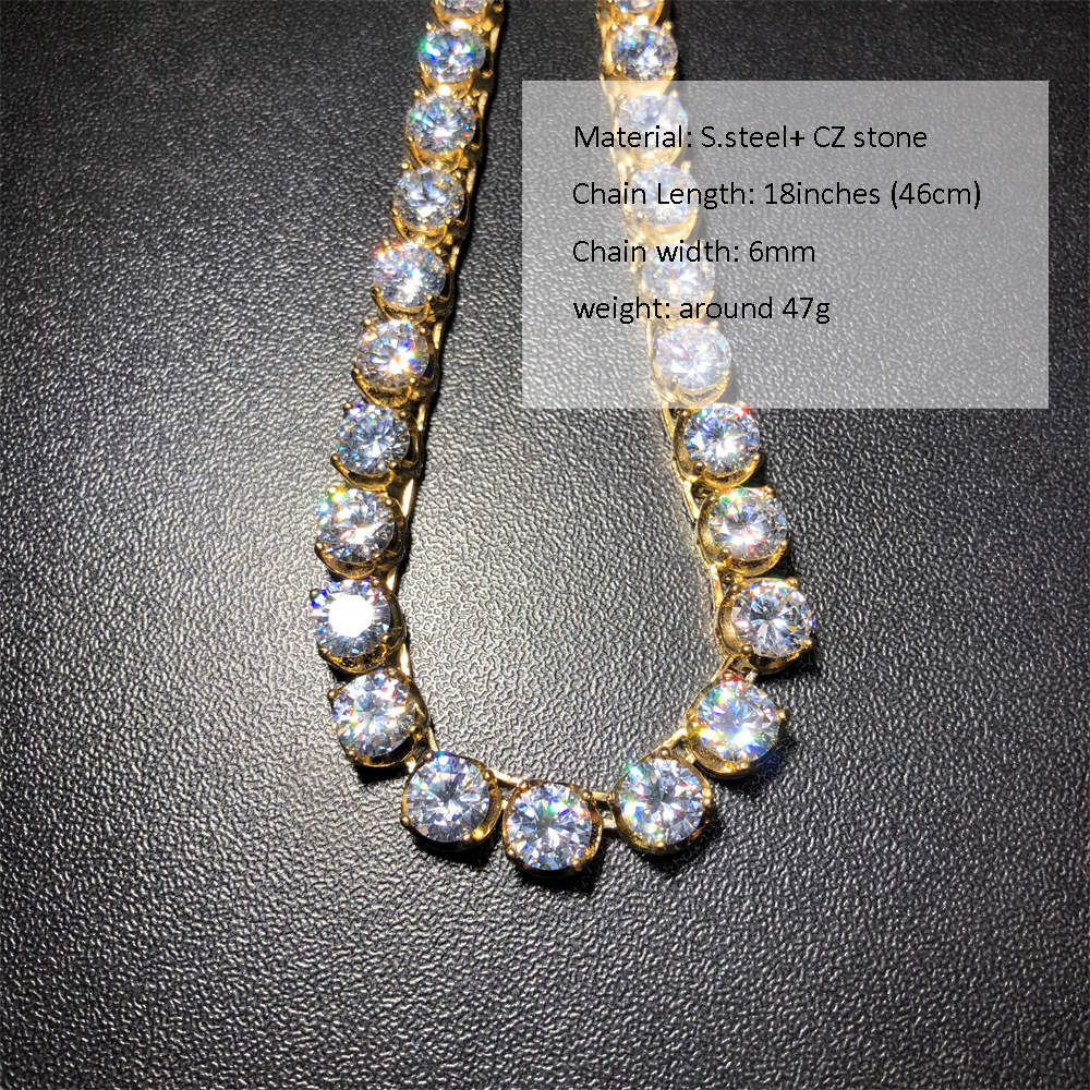 6mm Hip Hop Stainless Steel Prong Iced Out Cubic Zirconia Tennis Necklace 18k Gold 1 Row Tennis Chains Neck Jewelry Collar Bijoux