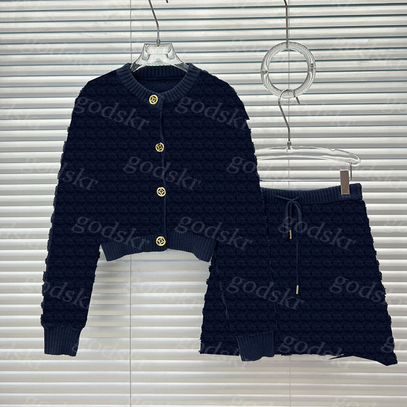 Jacquard Jumper Skirt Women Gold Button Short Knit Cardigan Jacket Sexy A Line Knit Skirt 2 Piece Dress