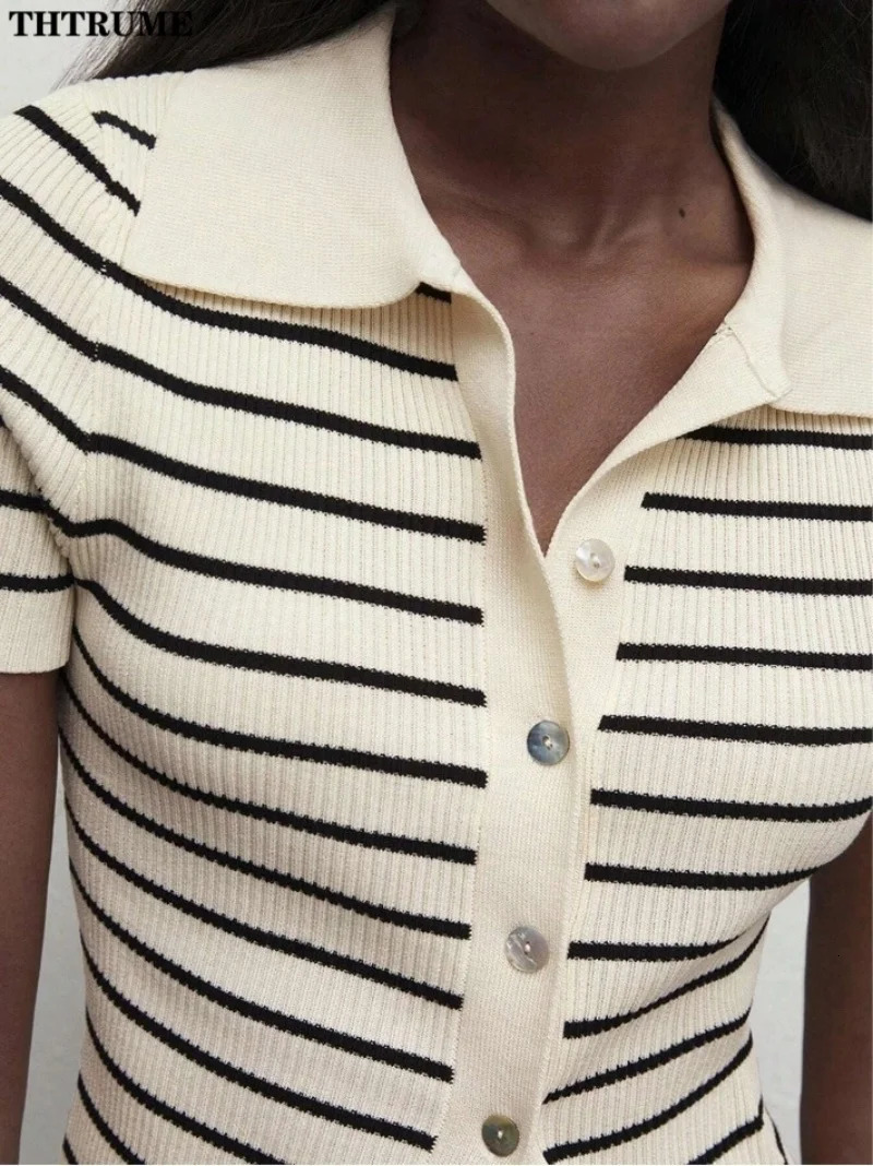 Spring Polo Collar Slim Cardigan Top Fashion Women Short Sleeve Single Breasted Striped Knit Sweaters Coats Casual Cardigans 241225