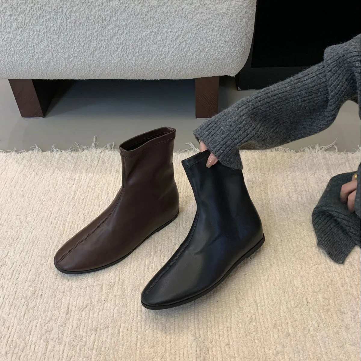 Womens Boots Autumn Wedge Shoes Round Toe Zipper Boots-Women Chelsea Rubber Rock Ladies Med Fabric Hoof Heels Rome Ankle R 241226