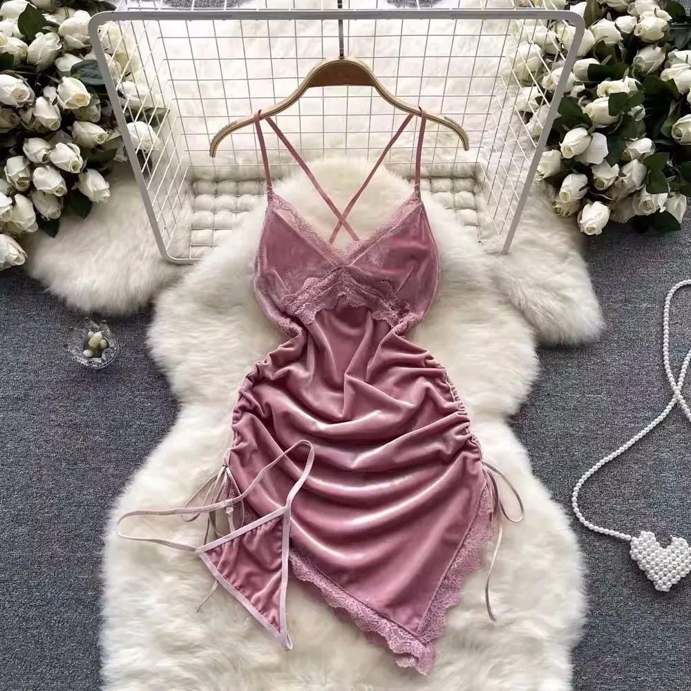 Sexy V-Neck Cross Strap Dress Lace Patchwork Irregular Pleated Nightwear Womens Erotic Lingerie Backless Sleeveless Pajamas 241226