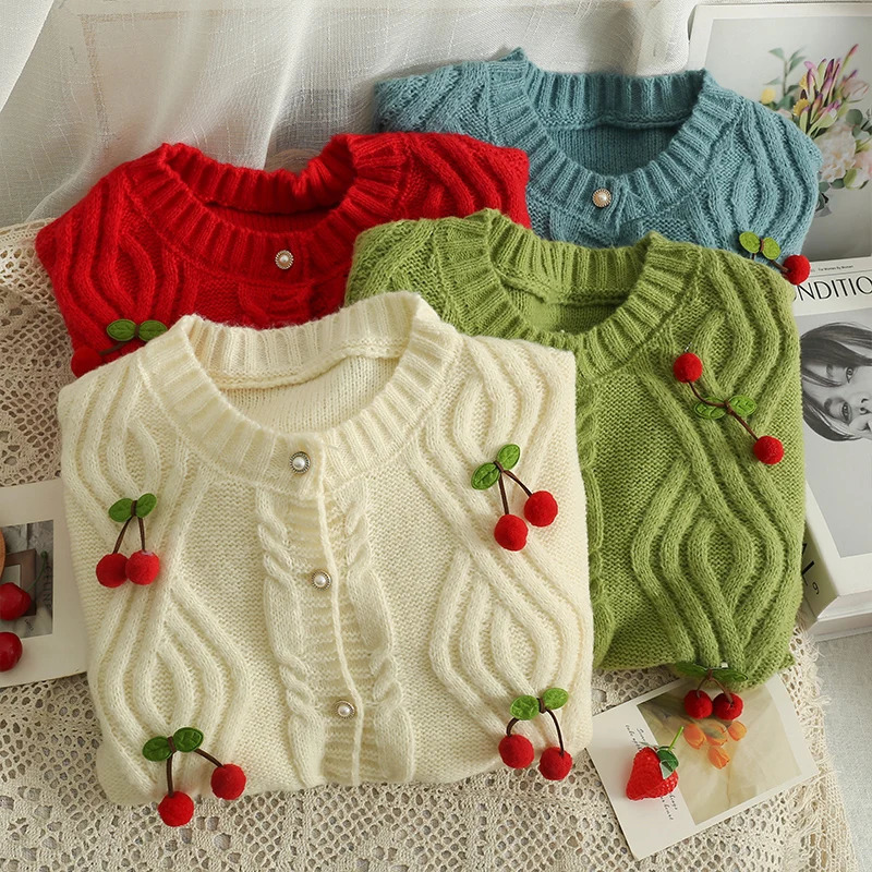 YuooMuoo Chic Fashion Cherry Knitted Cardigan Women Autumn Cute Button Up Oneck Long Sleeve Coat Streatwear Lady Y2K Sweaters 241225