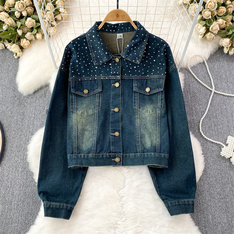 Korean Loose Women Short Denim Jacket Blue Black Diamond Lapel Casual Long Sleeve Spring Autumn Female Jeans Jacket Veste Femme 241223