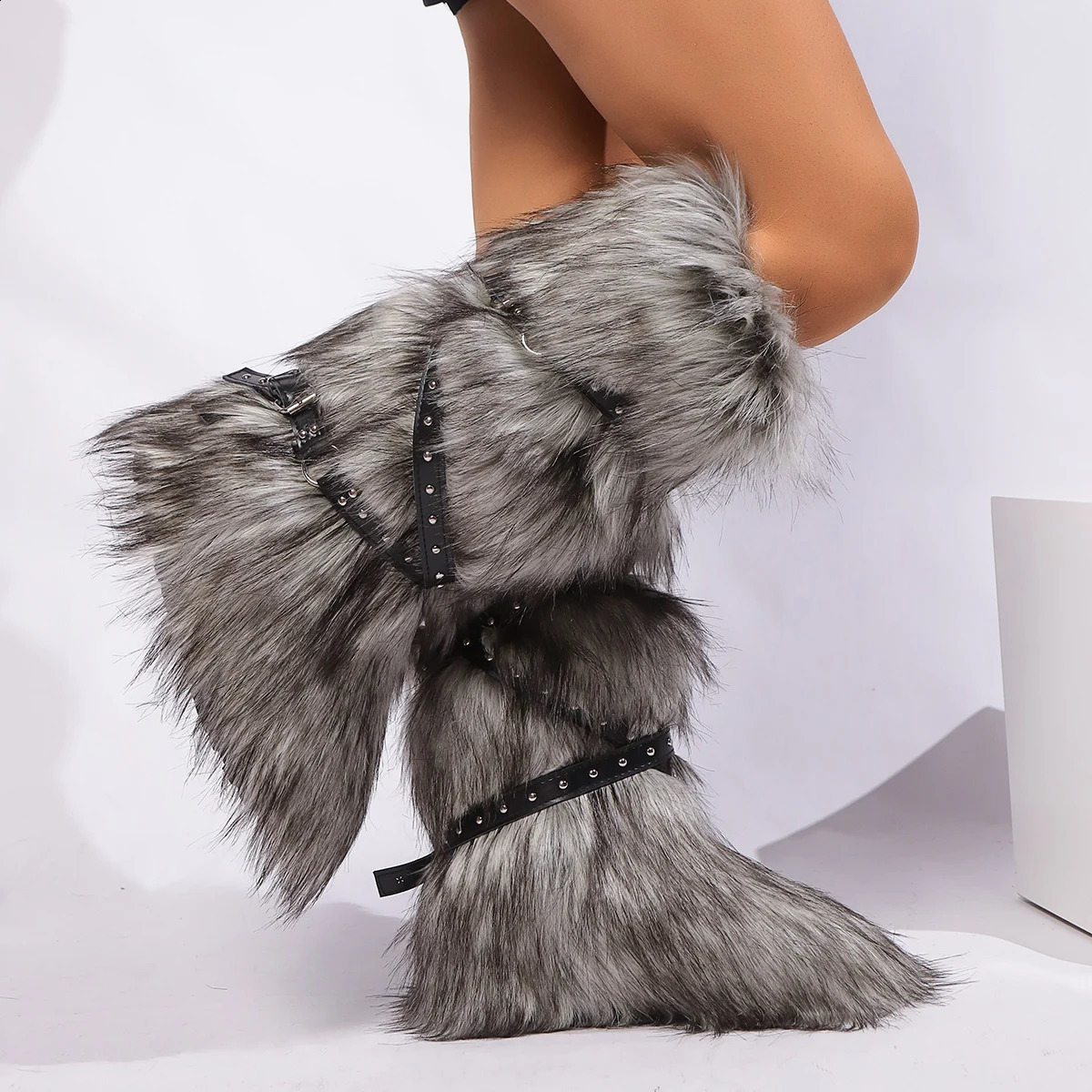 Winter Fur Onepiece Raccoon FurFemale Snow Boots Fur shoes OutdoorMid Leg Boots y2k Cool Pink Girl241226