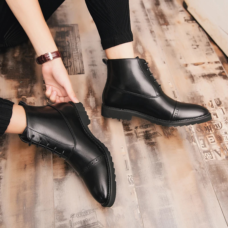 Leather Casual Shoes High Top Mens Martin Boots England Style Solid Boots Oxfords Lace Up Outdoor Mens Ankle Boots Shoes IV 241226