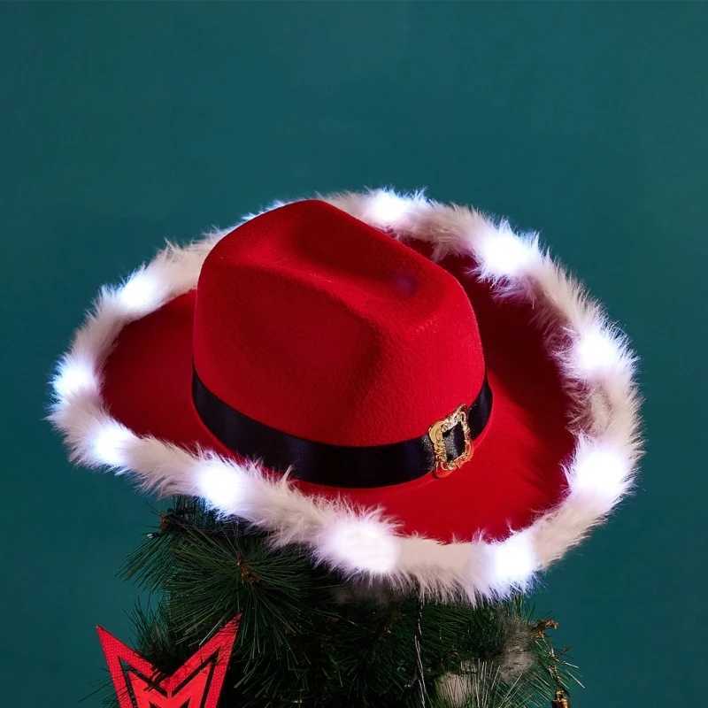 Christmas Cowboy Hat Womens Felt Cowboy Hat Party Glitter Christmas Hat Mens Role Playing LED Light Hat W241225