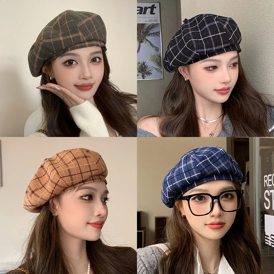 British Vintage Plaid Beret Hat Autumn Winter Painter Cap Lady Woolen Bud Men Women Outdoor Fashion M539 241226