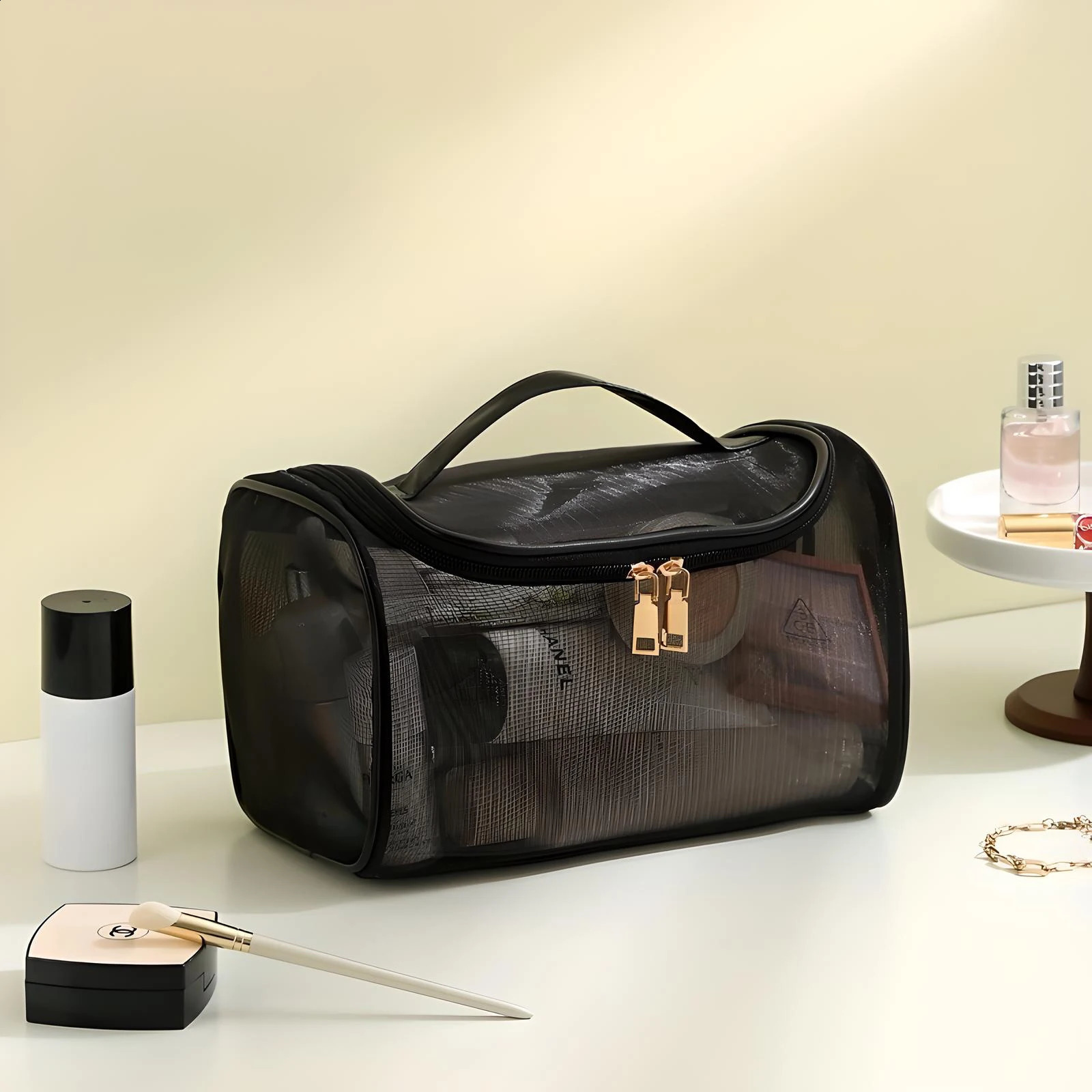Clear Mesh Travel Makeup Bag - Large Capacity Cosmetic Organizer With Handle Nylon Makeup Pouch Available In Various 241226