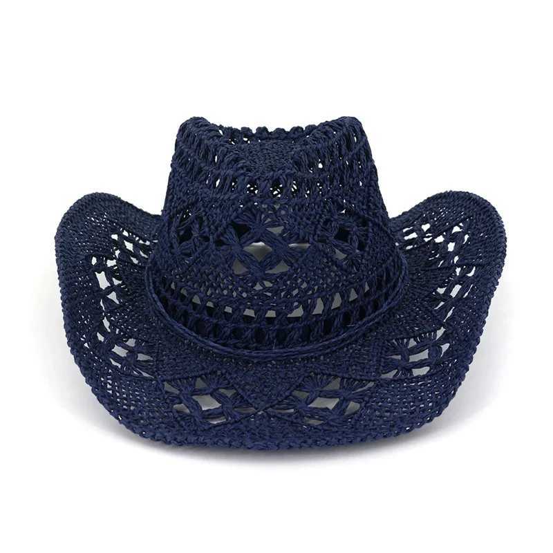 Summer Outdoor Mens and Womens Hand Woven Western Cowboy Each Hat Wide Brown Breathable Beach Jazz C Sunscreen Hat W241225