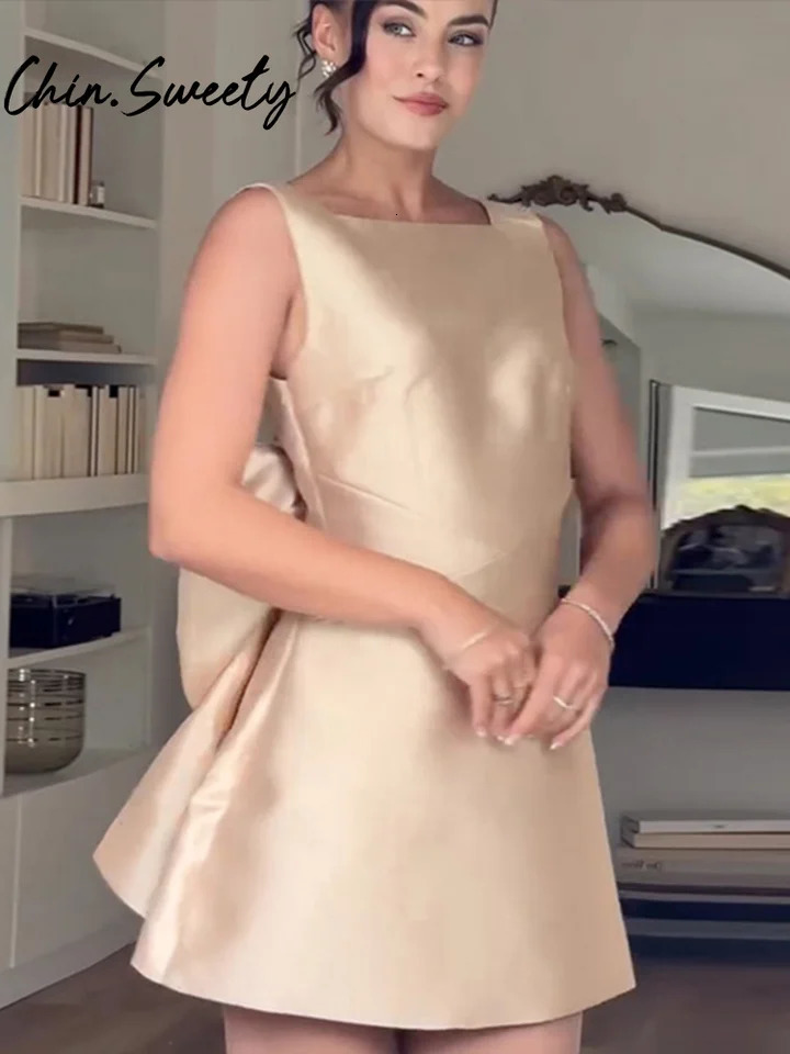 Christmas Big Bow Women Short Dress Sexy Sleeveless Backless Zippers Female Dresses 2025 Spring Party Evening Lady Cocktail Robe 241223
