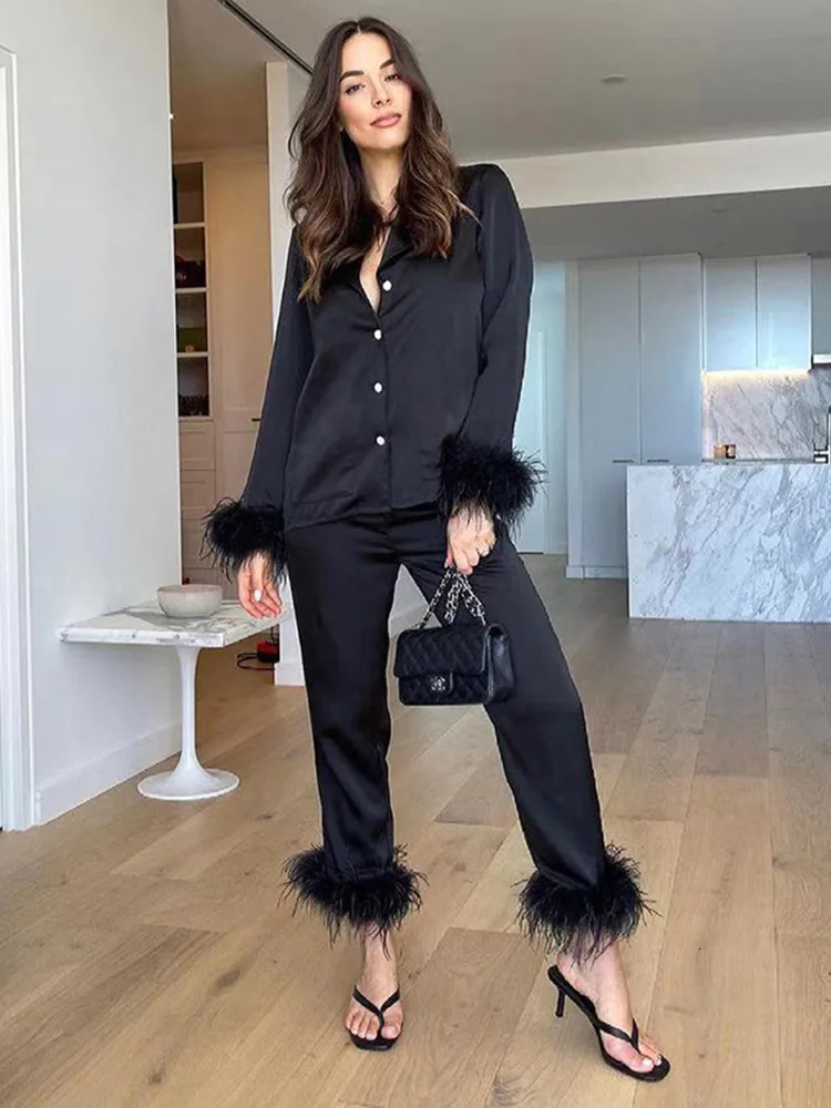 Feather Trim Two Piece Set Women Elegant Casual Pant Sets Long Sleeve Tops Blazer Straight Pants Female Fall 2Pcs Set 241225