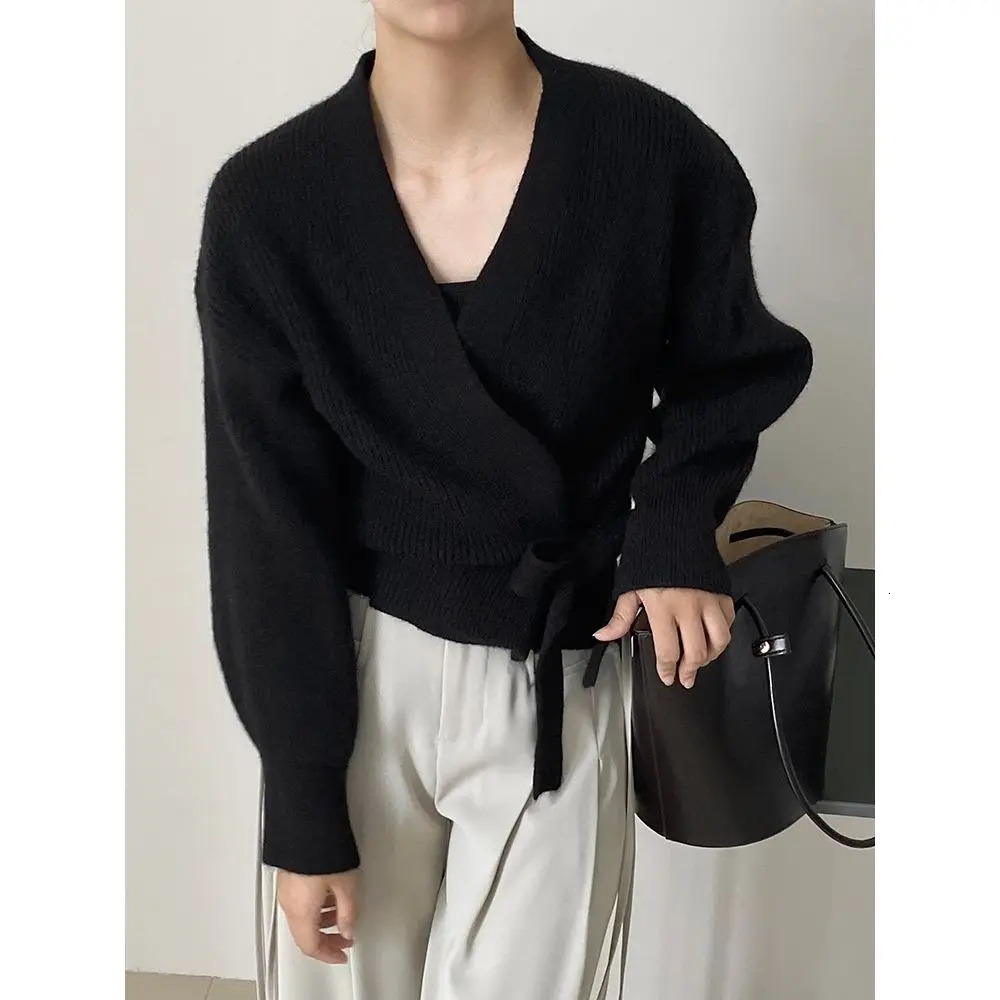 Early Autumn Bow Tie VNeck Knit Womens Short High Waist Cardigan Sweater Coat Overlay n Sense Top 241225