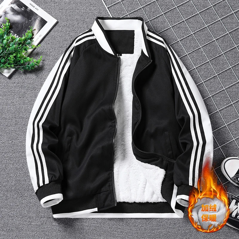Mens Stand Collar Thick Jacket Autumn Winter Korean Trendy Striped Spliced Long Sleeve Zipper Pocket Loose Cardigan Casual Coat 241225