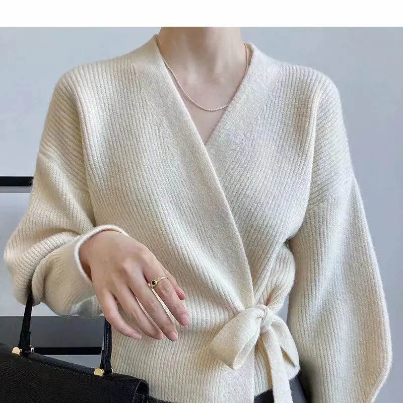 Early Autumn Bow Tie VNeck Knit Womens Short High Waist Cardigan Sweater Coat Overlay n Sense Top 241225