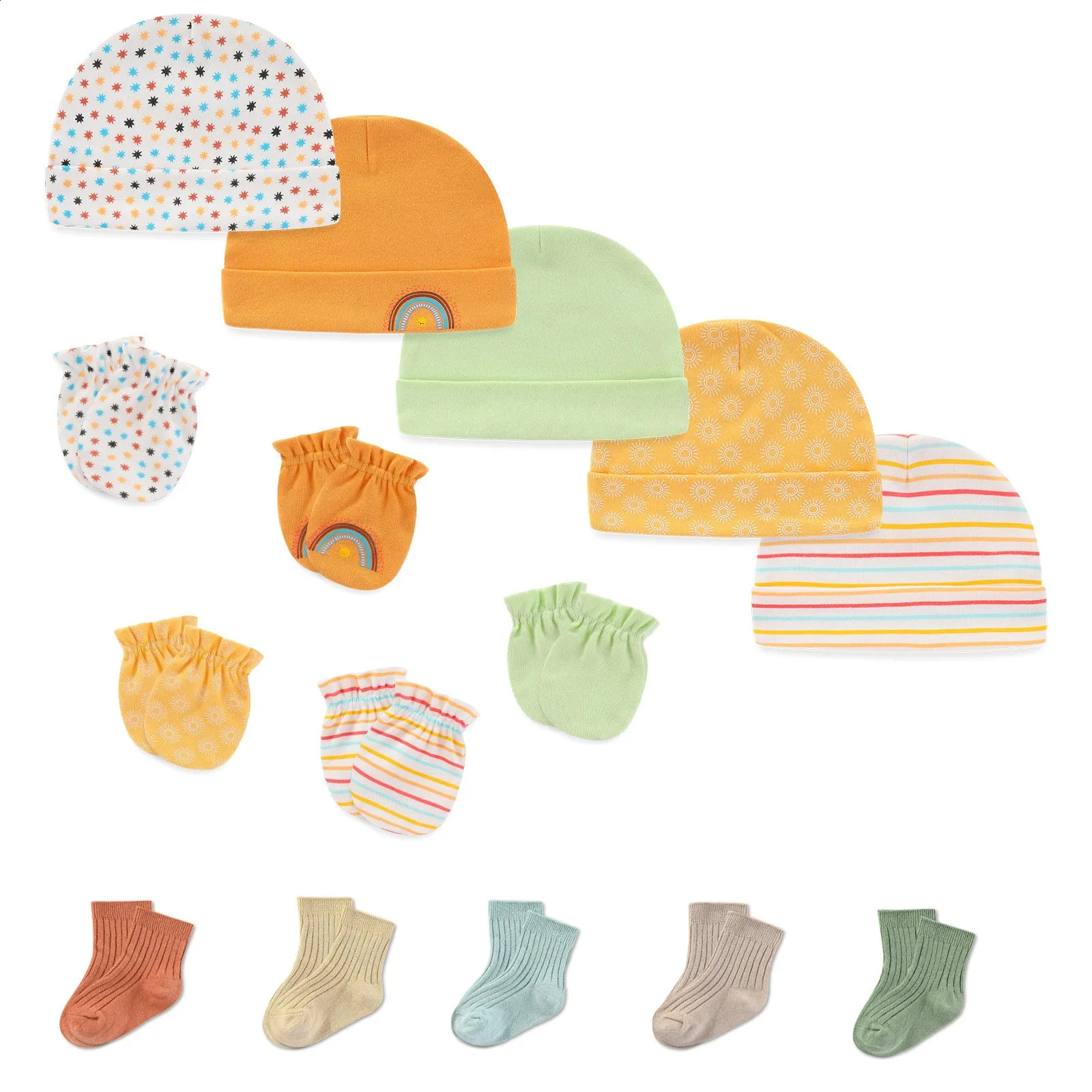 15Pieces born Baby Boy Girl HatsGlovesSocks Sets Print 100%Cotton Headwear Solid Color 06M Infant Supplies Accessories 241225