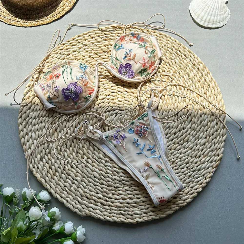 Beige shiny flower embroidered swimsuit thong mini push up bikini set sexy swimsuit womens 2025 swimsuit bead bikini unprinted good productW241225