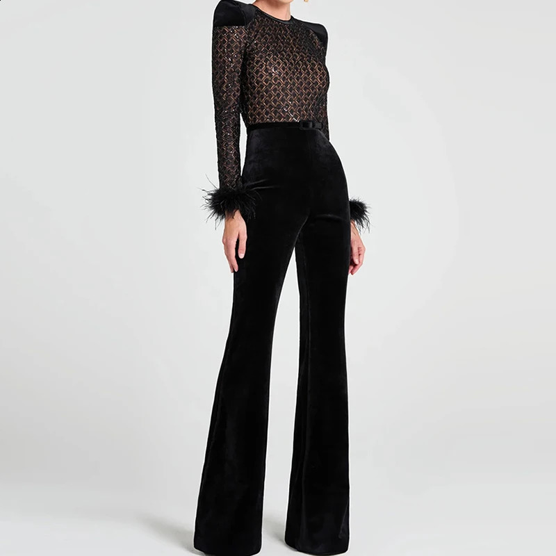Women Patchwork Velvet Slim Party Rompers Long Sleeve Feather Combination Lattice High Waist Wide Leg Long Jumpsuit 241224