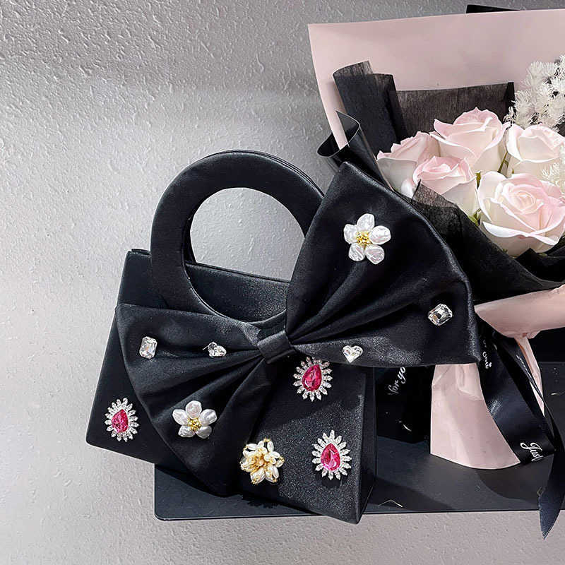 Evening Bags Sweet Trendy Tote Big Bow Small Square Bag with Shiny Non Functional Diamond Studded Water Droplet Flower Handbag 241226