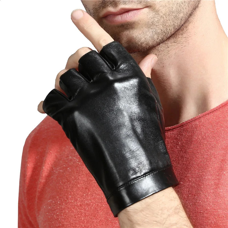 Mens Semi-finger Genuine Sheepskin Leather Driving Gloves Male Natural Leather Fingerless Riding Fitness Sports Show Gloves 241226