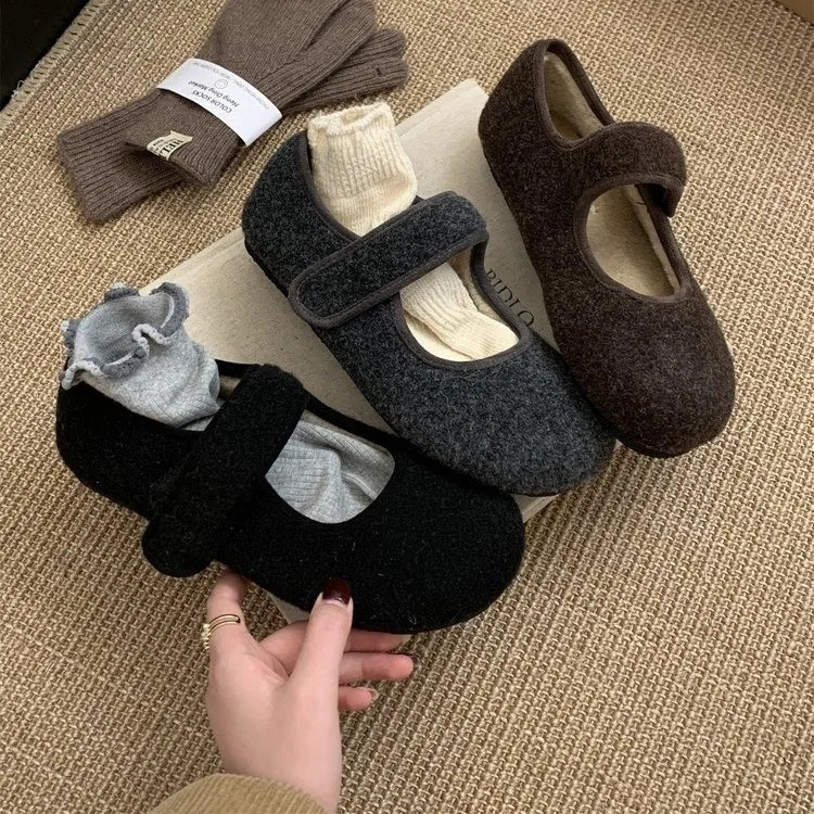 Vintage furry beans cotton shoes women wear 2024 winter plus fleece flat cute Mary Jane fashion shoes241226bj