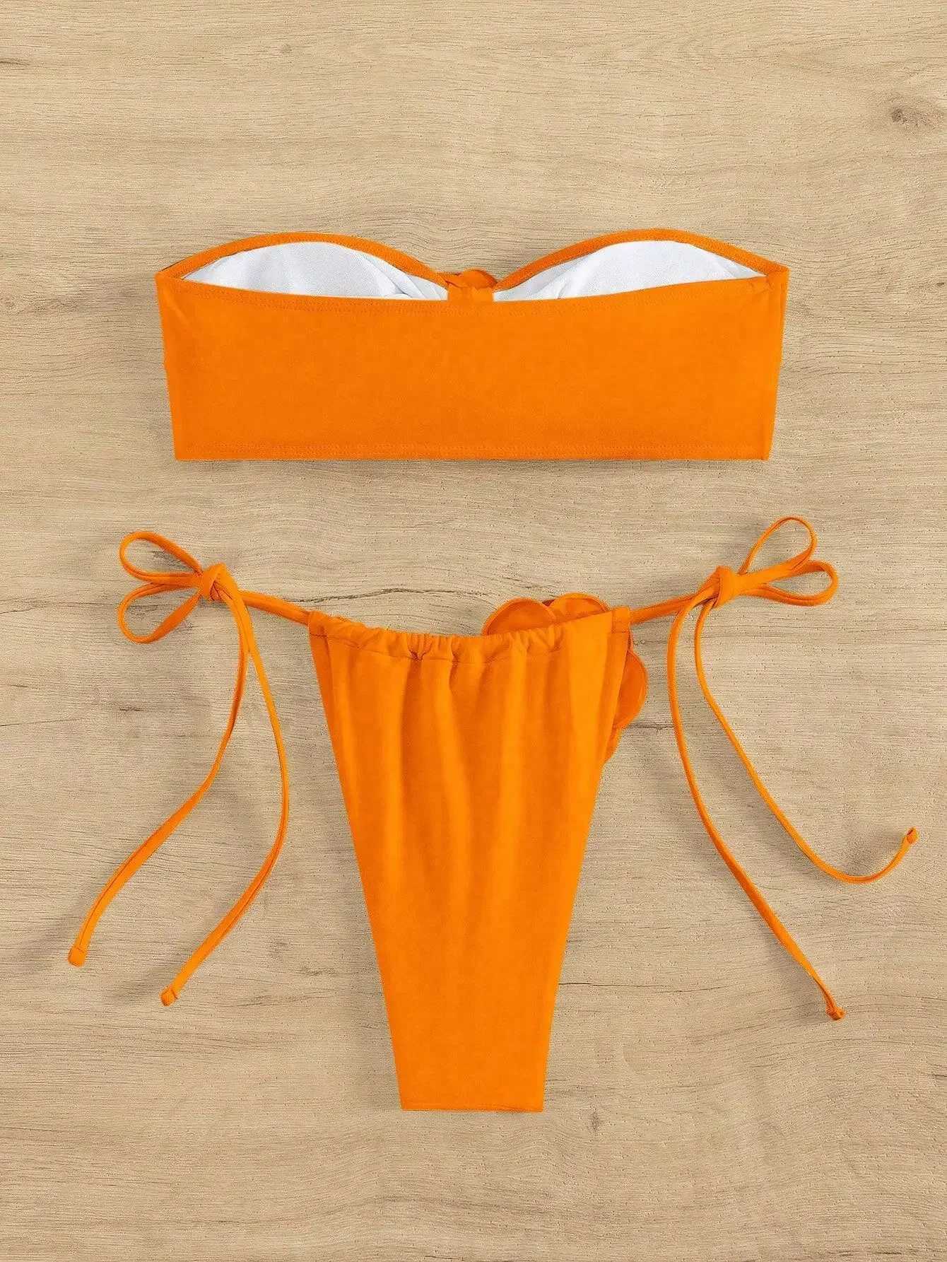 Bikini swimsuit womens 3D floral designer bikini set 2024 womens solid orange Bandeau push beach swimsuit thong swimsuitW241225