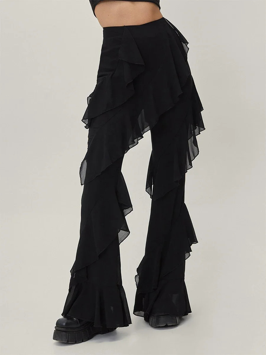 Fashion Women Long Pants High Waist Frill Ruffle Trousers Party Casual Y2K Aesthetic Chic Pant Streetwear 241225