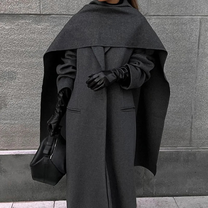 Elegant Vintage Woolen Overcoat For Women Single Breasted Scarf Loose Jacket Pocket Casual Coat 2024 Autumn Lady Outerwear 241225