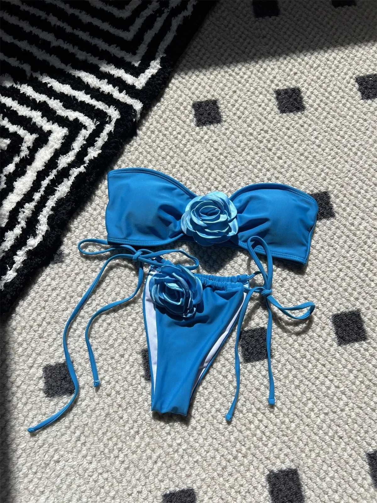 Bikini swimsuit womens 3D floral designer bikini set 2024 womens solid orange Bandeau push beach swimsuit thong swimsuitW241225