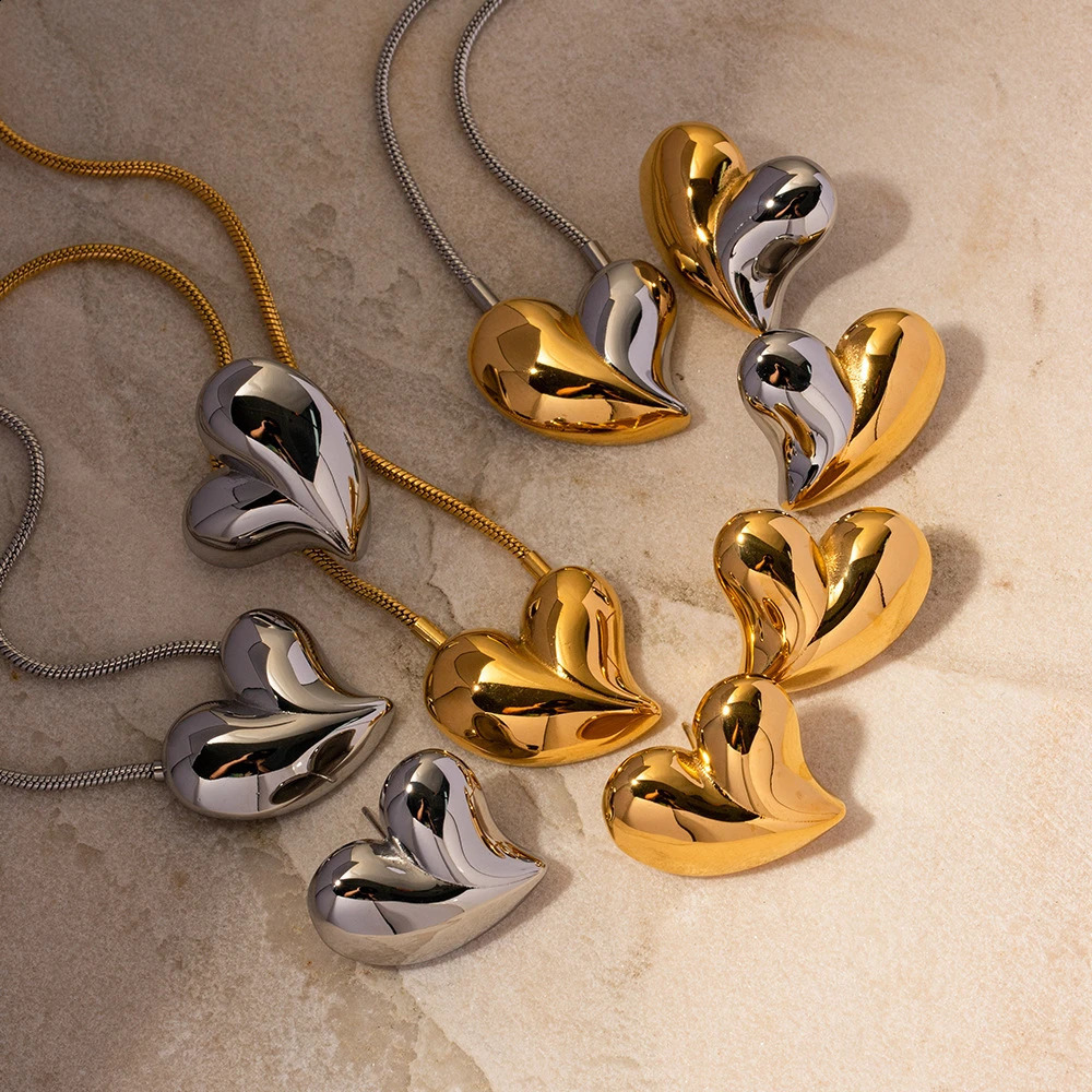 Chunky Love Heart Necklace Earrings Jewelry Set Stainless Steel Stud Earrings Snake Chain Pendant Necklace for Women 241226