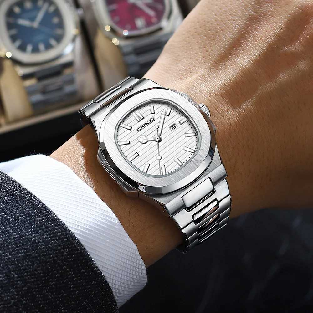 New Arrival CRRJU Luxury Mens Watch Business Stainless Steel Quartz Mens Watch Waterproof Luminous Date Square Mens Watch Z241226