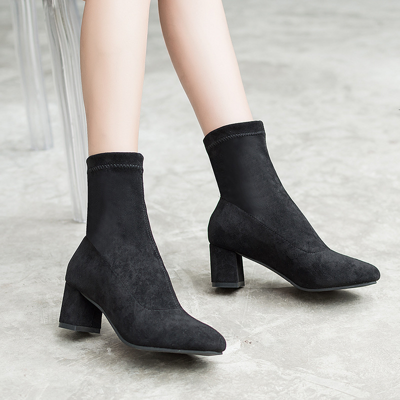 Autumn Winter Ddmywed New Suede Leather Square Headed Casual Short Thick Middle Heel Elastic Cloth Boots Chinese Brand Shoes F Ddmysaturn