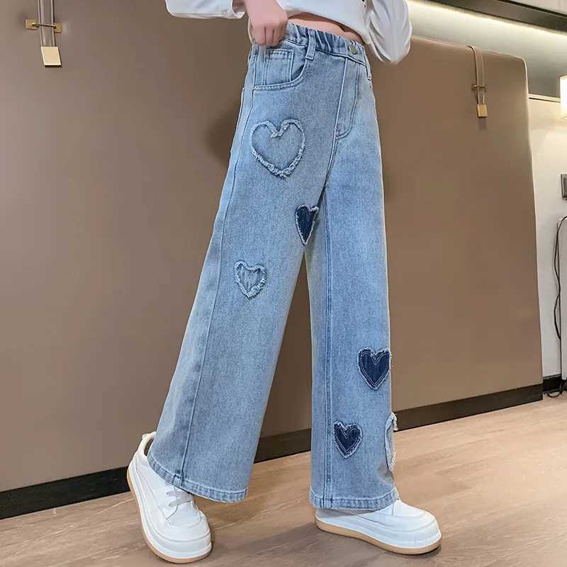 2024 Spring/Autumn Girl Love Rough Edge Jean Korean Edition Sle Childrens Mid Waist Jeans Elastic Waist Pants W241227