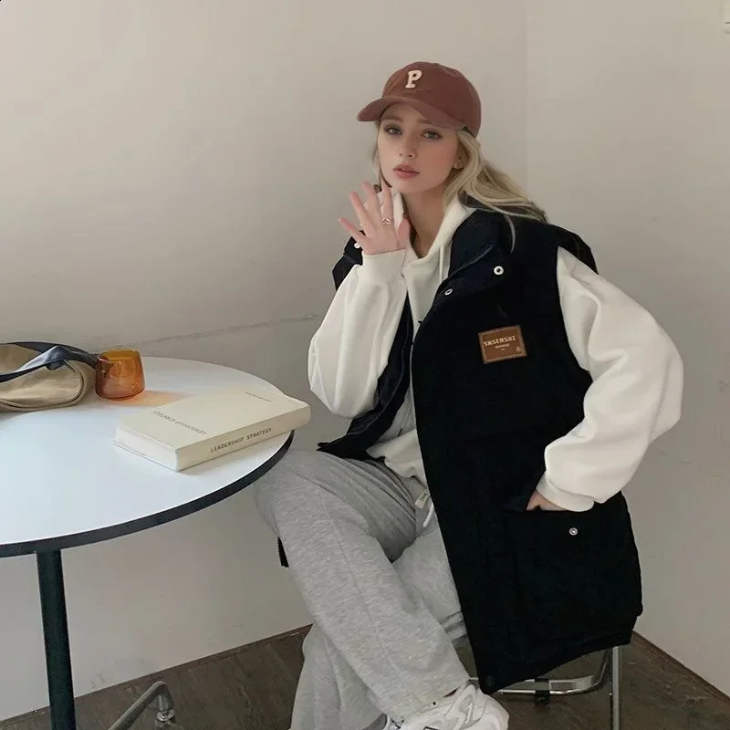 2024 Winter Women Corduroy Cotton Vest Labeling Elegant Fashion Simplicity Thicken Coat Office Lady Cardigan Sleeveless Jacket 241220
