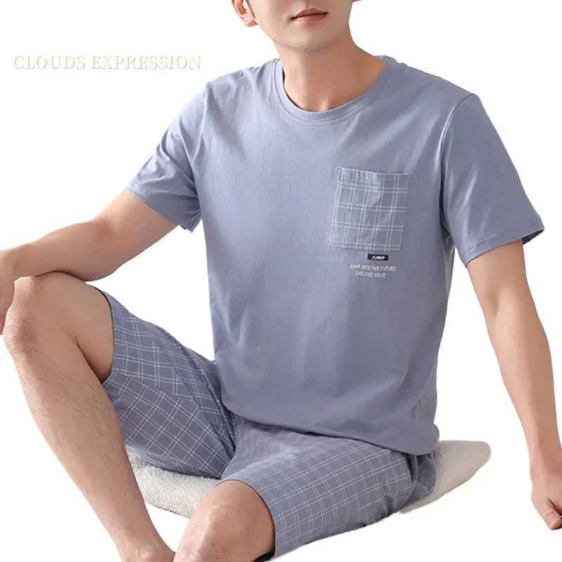 Summer Plus 7XL Knitted Pjs Short Sleeved Men Pajama Sets Male Pajamas Plaid Loungewear For Masculine Sleepwear Homewear FashionXJ241227