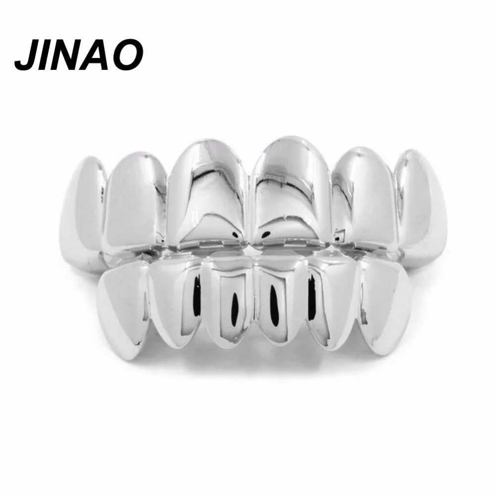 JINAO Silver-Plated Hip Hop Teeth For Mouth Grillz Cs Top Bottom Grill Set vampire teeth for Halloween Christmas Party Sets W241227