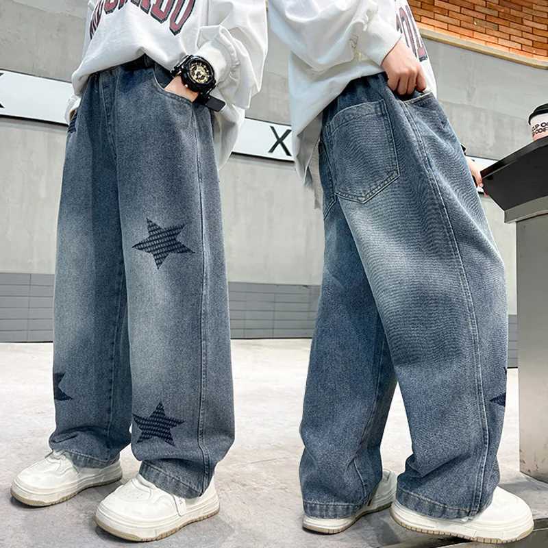 Korean Kids Boy Casual Thermal Jeans Clothes With Star Print Children Winter Warm Denim Pants Elastic Waist Thick Jeans Trousers W241227