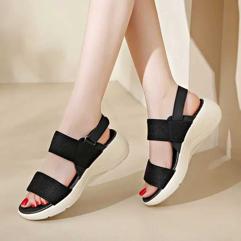 High Quality Womens Solid Color Flatform Sandals Open Toe Elastic Strap Slingback Lightweight Non-slip Shoes Summer Comfy Shoes T241227