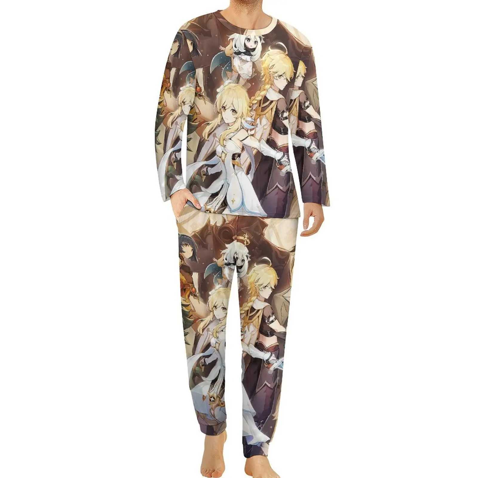 The Best Of Genshin Impact Pajamas Men Anime Cool Nightwear Spring Long Sleeves 2 Pieces Casual Printed Pajamas Set 3XL 4XL 5XLXJ241227