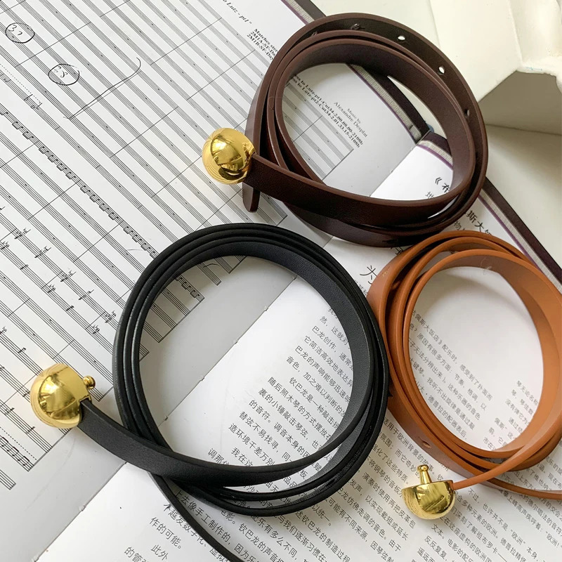 Genuine leather small belt womens head layer cow leather decorative belt womens thin narrow belt 1.2cm gold buckle dress belt 241226