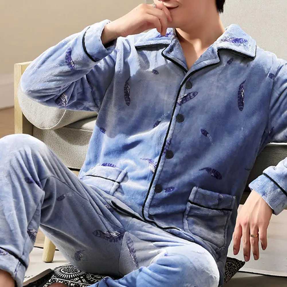 Loungewear Set Mens Winter Pajamas Set with Lapel Striped Top Elastic Waist Pants Thick Warm Soft Homewear with Pockets for MenXJ241227