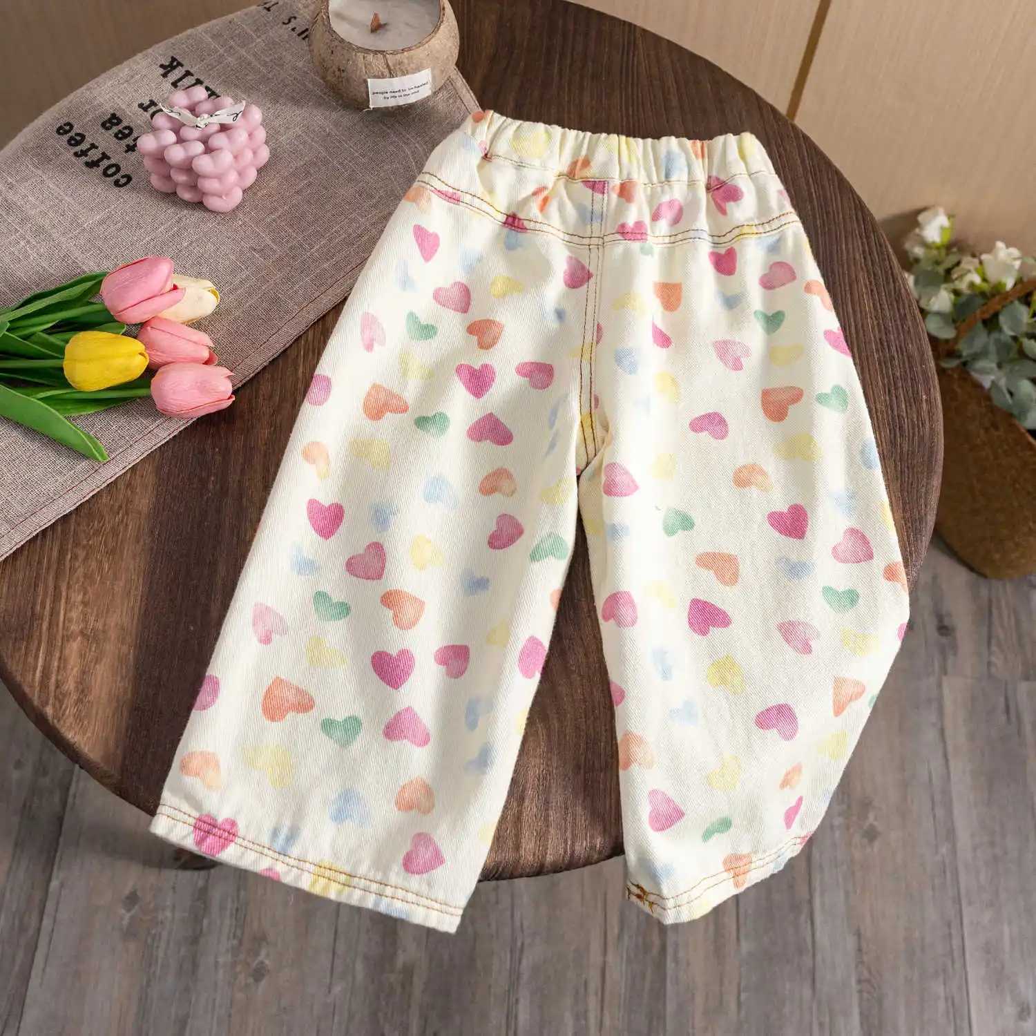 New Spring Autumn Kids Pants coloful heart printed children straight jeans Girls loose denim Trousers W241227