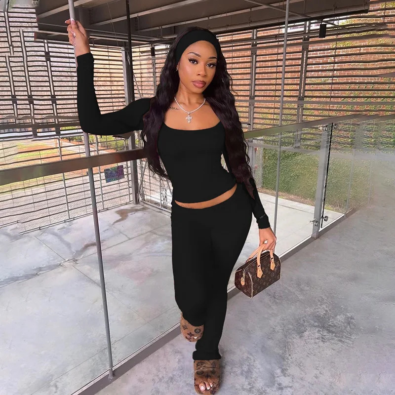 Hirigin Casual Solid Sporty 2 Piece Sets Women Concise Square Collar Long Sleeve Crop Tops and Flare Pants Matching Tracksuits 241224