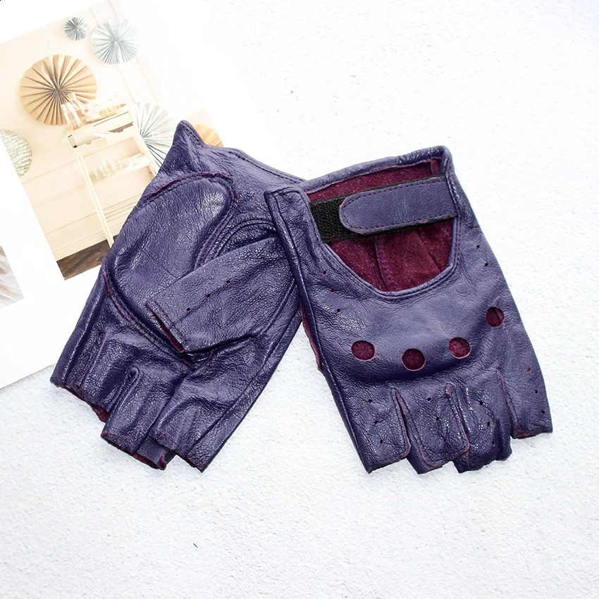 Leather Half-Finger Gloves Female Fitness Fashion Driver Driving Single-Layer Unlined Hollow Short Motorcycle Riding Gloves 241227