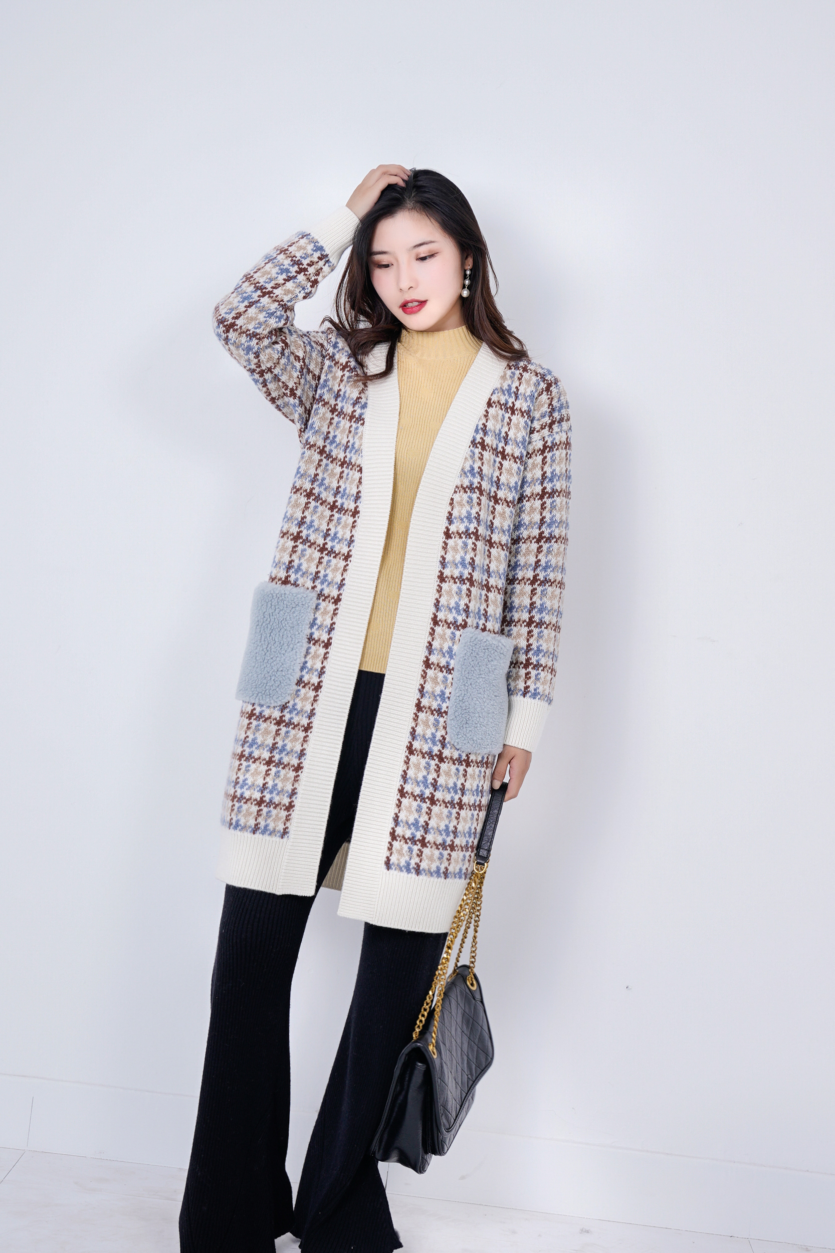 Xiaoxiangfeng sweater small coat cardigan women's new short style plaid outerwear spring and autumn knitwear outerwear