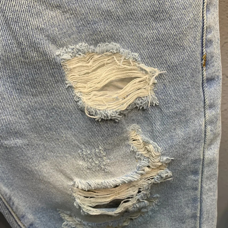 Summer Mens Ripped Denim Shorts Light Blue Knee Length Jeans Fashion Trend Raw Hem Beggar Pants Short Breeches 241227